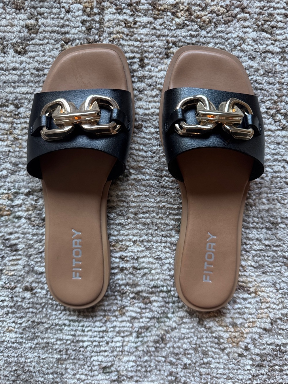 Fitory Black Slide Sandals with Gold Accent
